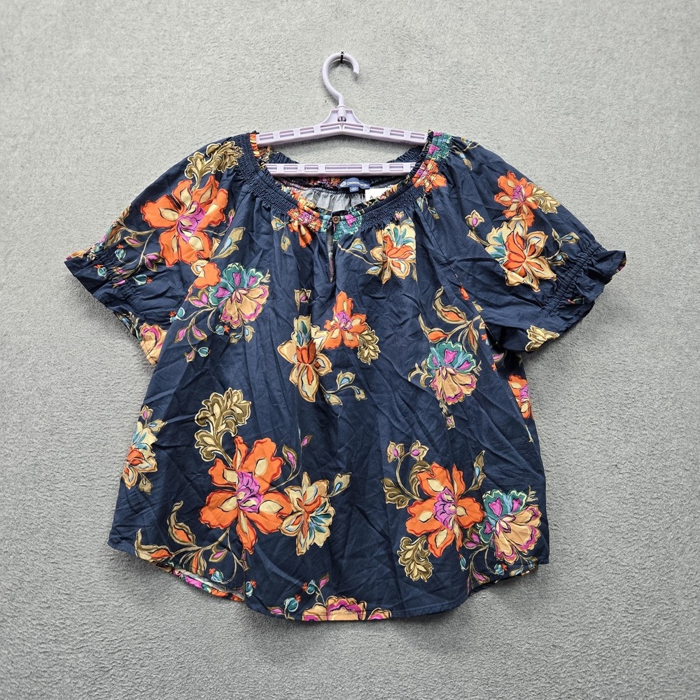 Democracy Women Blouse 1X Navy Floral Peasant Blouse Elastic Ruffle Scoop Neck